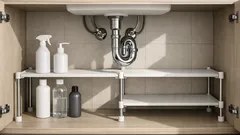 Jak udělat pořádek ve skříňce pod umyvadlem pomocí roztažitelného regálu kolem sifonu