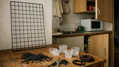 Závěsný organizér z drátěného panelu a kelímků: pořádek na drobnosti bez vrtání